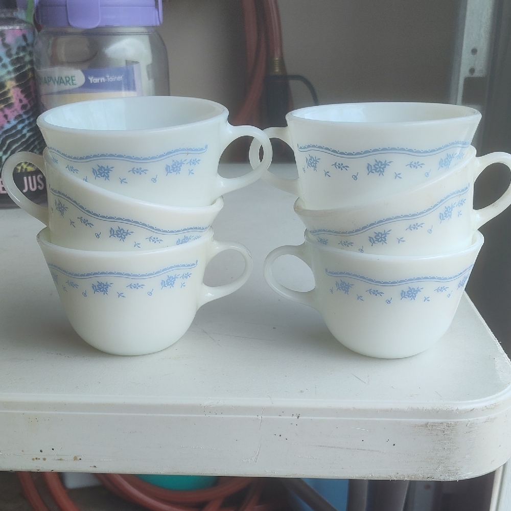 Pyrex CorningWare Company Morning Blue and White Tea Cups Set Vintage